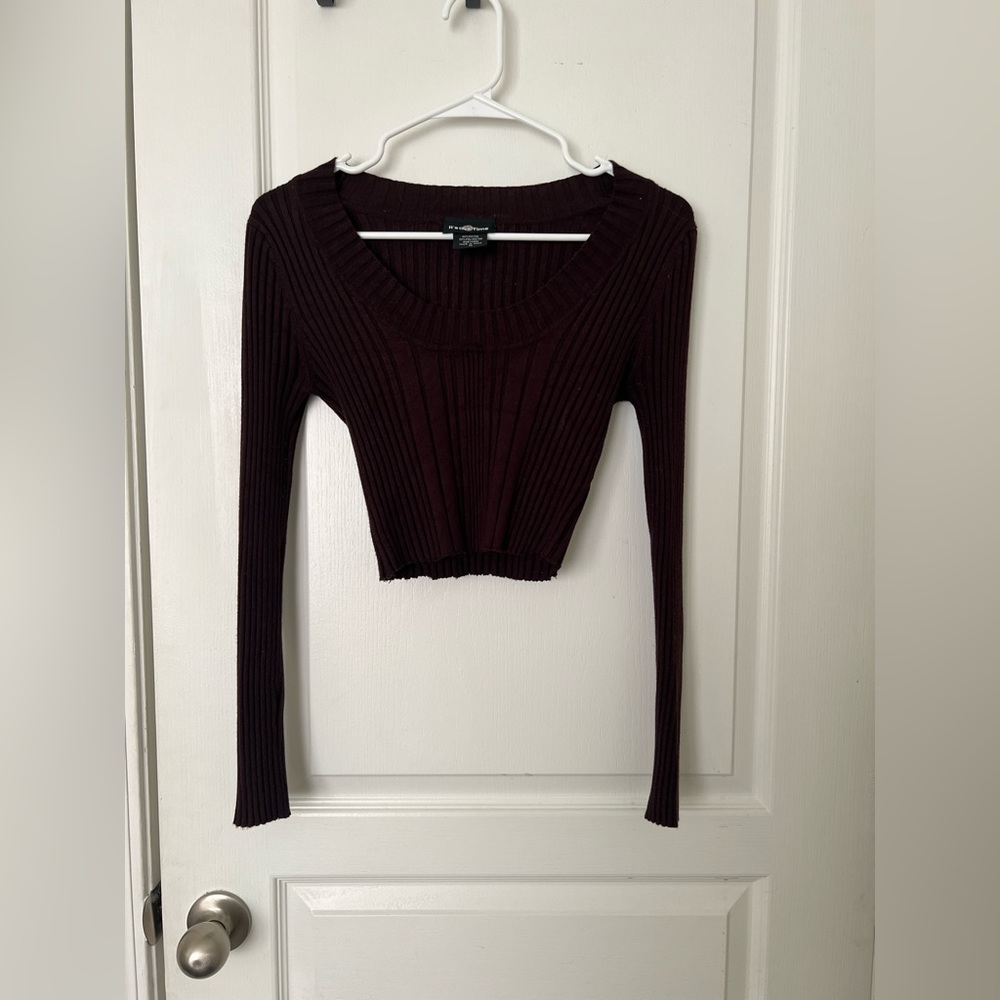 “It’s Our Time” Y2K Brown Ribbed U-Neck Crop Sweater Top